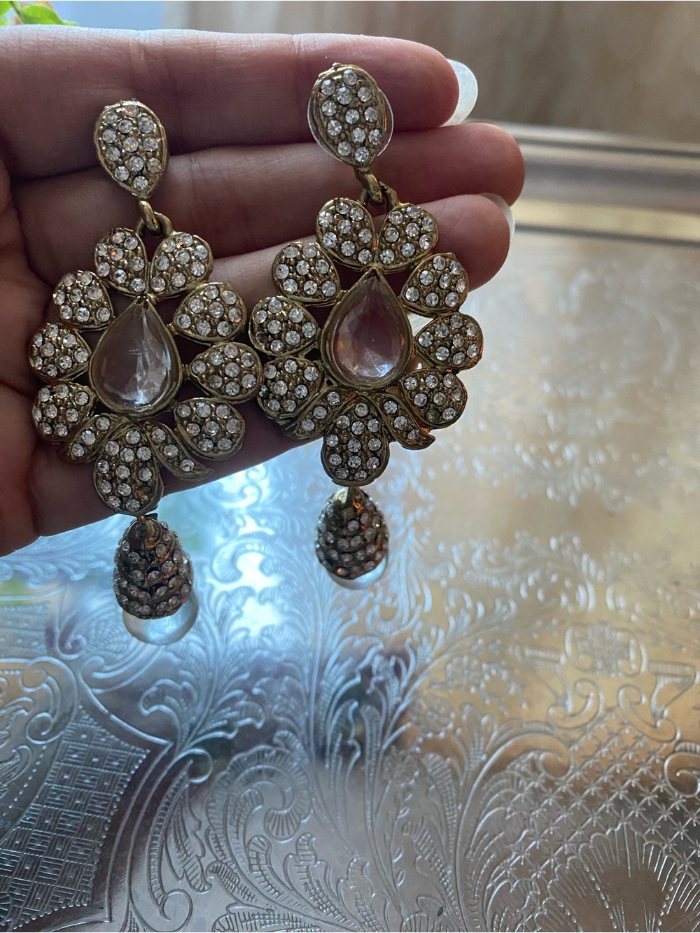 NWOT Gold Floral Drop Earrings with Clear Teardrop Centers